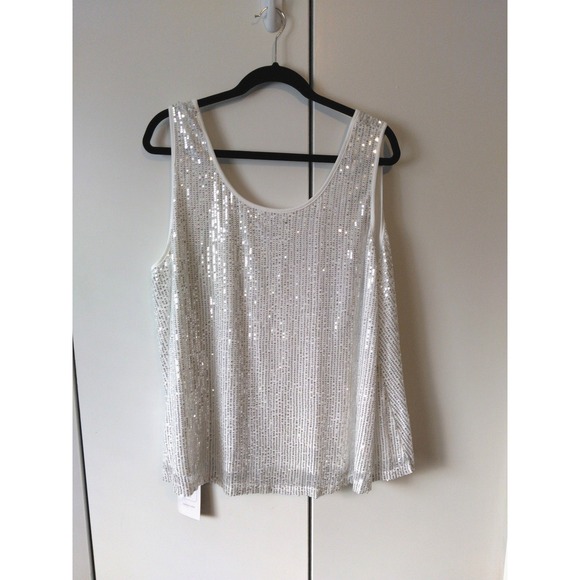 Fashion Bug Tops - Women's Sequined Top Size 3xl Fits 2x White Aline Evening Party Wear Elegant